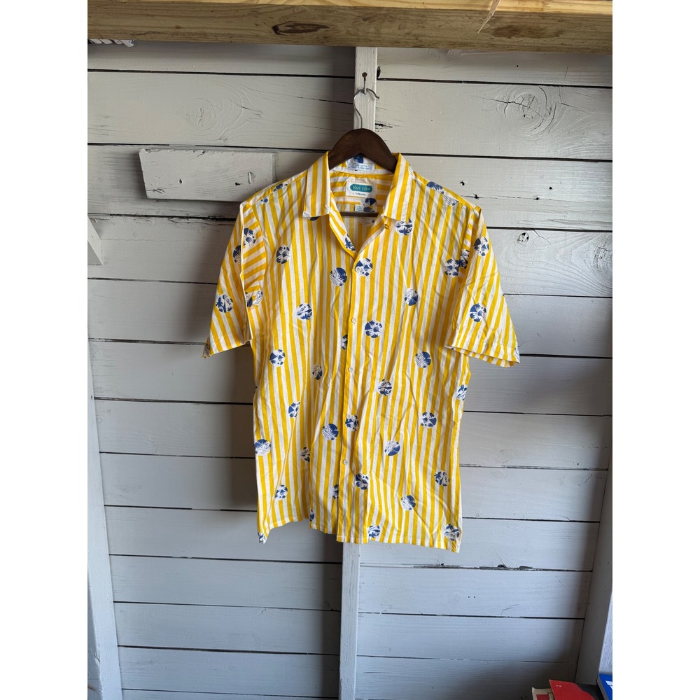 Sea Isle by Arrow Mens Yellow White Striped Tropical Palm Button Down Shirt M